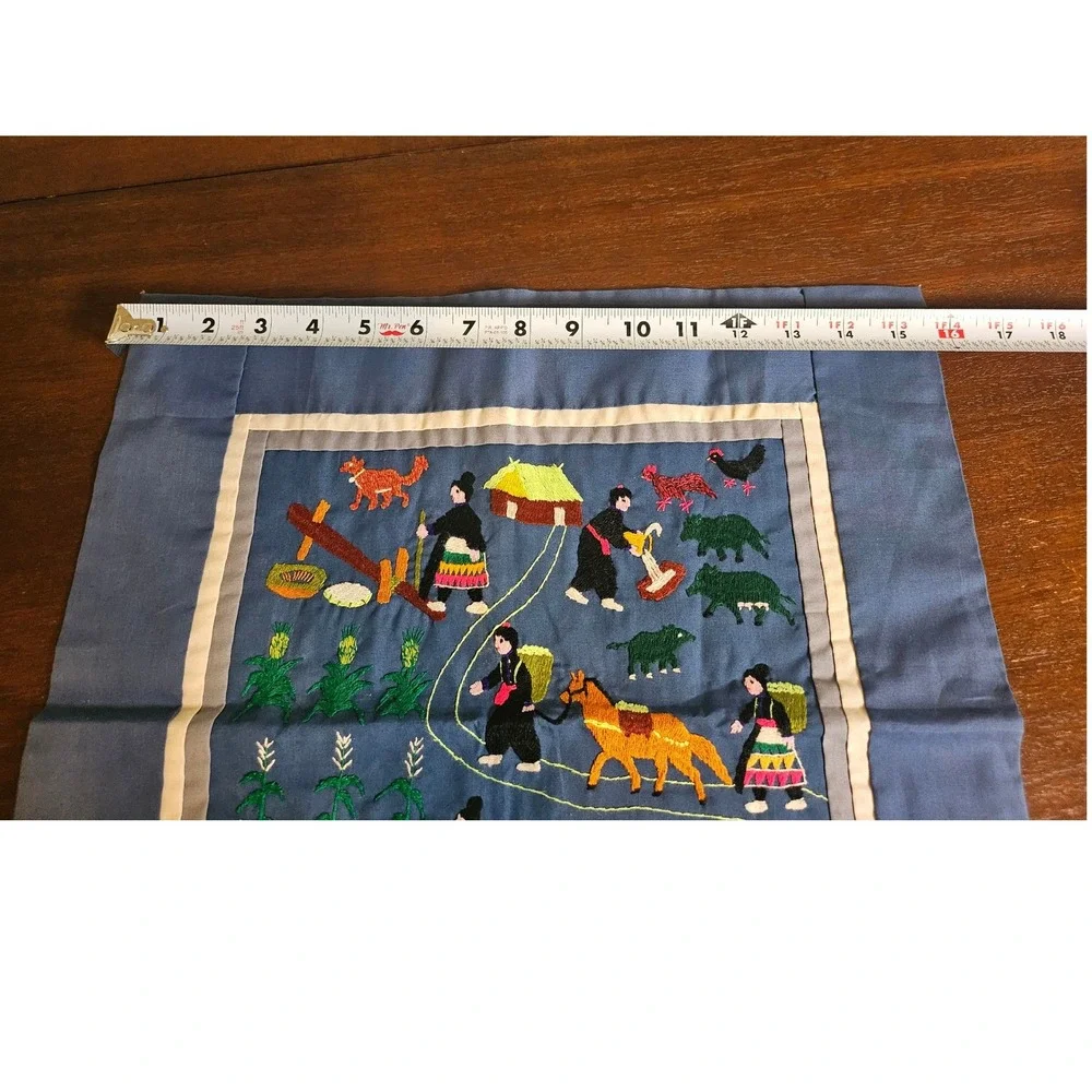 Hmong Story Cloth Wall Art 18x16 Blue Hand Embroidered Village Scene